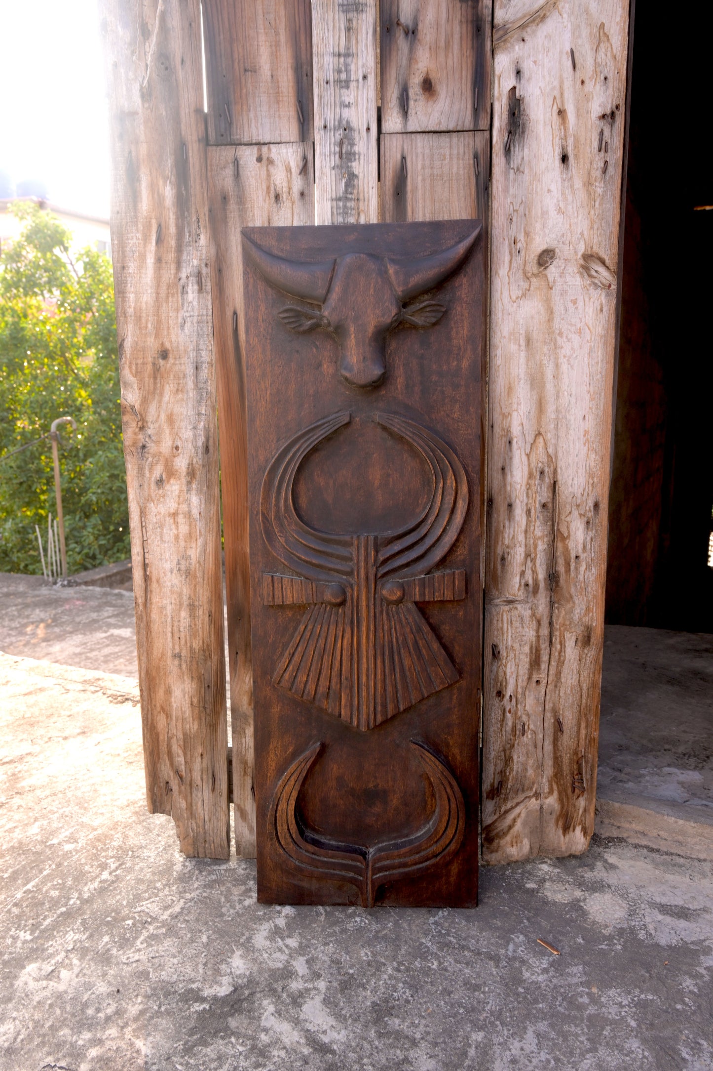 Exotic Naga Gamari Wood Tri Mithun Head Design Panel