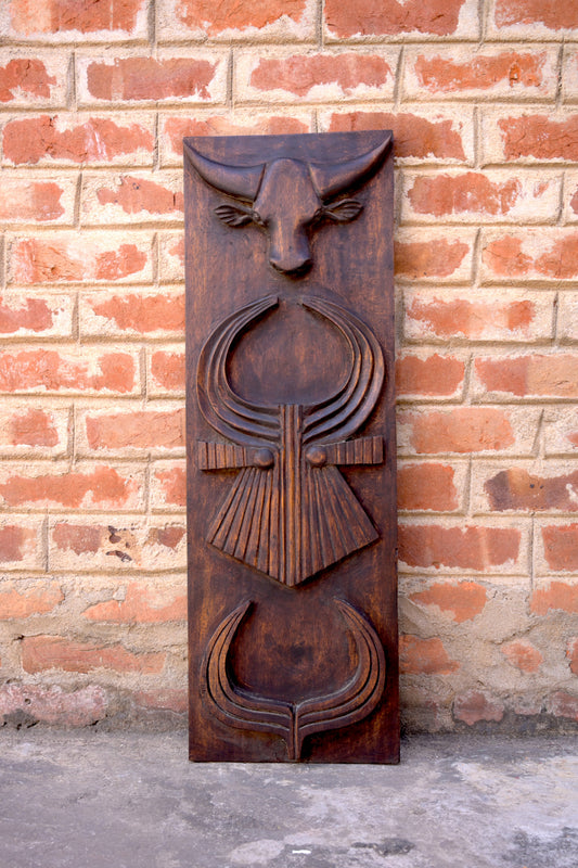 Exotic Naga Gamari Wood Tri Mithun Head Design Panel